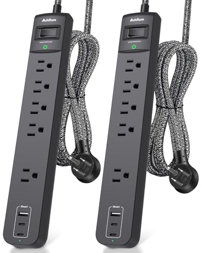 2 Pack Power Strip Surge Protector - 5 Widely Spaced Outlets 3 USB Charging Ports, 1875W/15A 6Ft Braided Extension Cord, Flat Plug Overload Protection, Wall Mount for Home Office Dorm Room Essentials