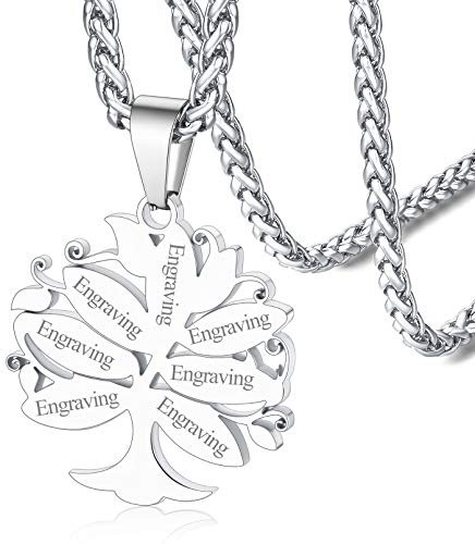 FaithHeart Personalised Family Tree Necklace, Engraved Stainless Steel Tree of Life Pendant Necklaces with 7 Names, Friendship BFF Necklaces for Men Women
