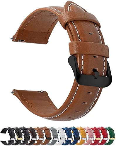 Fullmosa 12 Farben Uhrenarmband, Axus Serie Lederarmband Ersatz-Watch Armband mit Edelstahl Metall Schließe für Herren Damen 14/16/18/20/22/24mm, 22mm Braun+Schwarze Schnalle