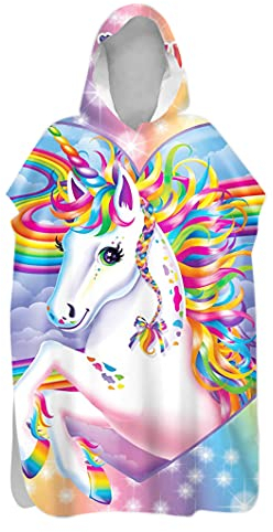 PEIHUODAN Strandtücher Poncho Mikrofaser Kaputze Strand Bademantel Einhorn Regenbogen Pferd Badetuch Handtuch Duschtücher Für Kinder Mädchen Jugend Damen Surfen Schwimmen (M 70X85 cm 6-11 Jahre,bunt)