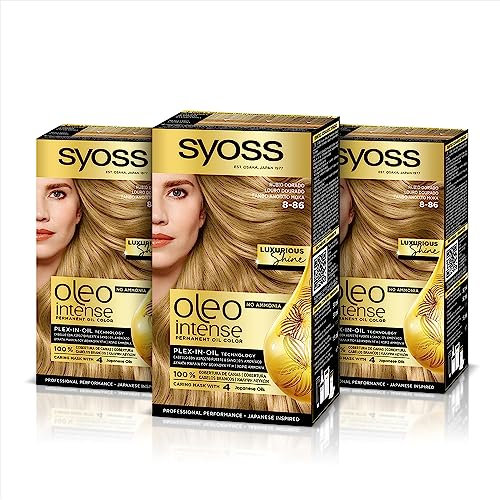 Syoss Oleo Intense - Tinte 8-86 Rubio Dorado – Coloración permanente Sin Amoníaco – Cobertura profesional de canas – Resultados de peluquería (Pack De 3)