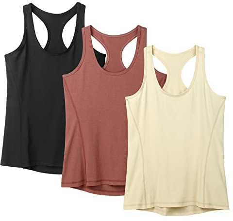 icyzone Workout Tank Tops für Damen – Racerback Athletic Yoga Tops, Laufen, Übung, Fitnessstudio, Shirts (3 Stück), Schwarz/Cremeweiß/Ziegel, Groß