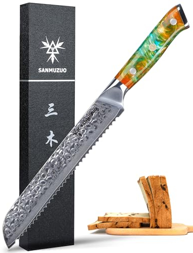 SANMUZUO Couteau à pain lame dentelée de 20cm - manche en acier Damas martelé & résine - Série Yao