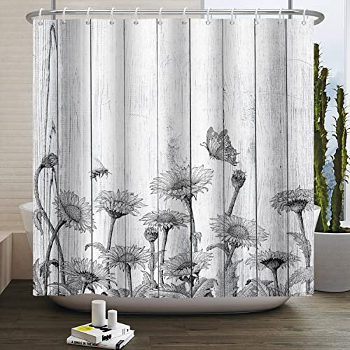 Bovlleetd Noir et Blanc Tournesol Rideau de Douche Croquis Tournesol Papillon Abeille Salle de Bains Rideau Fond en Bois Rustique Art Rideau Croquis Thème Baignoire Décoration 180x180cm