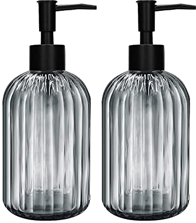2 Stück Glas Seifenspender mit Schwarz Pumpe, 400ml Nachfüllbarer Pumpspender für Küche, Badezimmer Order Waschküche, Flüssigglasflasche für die Spülmittel, Shampoo, Spülung