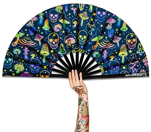 Raveahem UV Glow Rave Fan, Bamboo Folding Clack Hand Fan for Men Women (Mushrooms and Skulls, Large 13)
