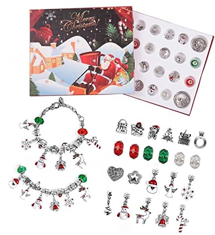 Mädchen Adventskalender 2022, Countdown-Kalender 24 Tage Überraschungs-Weihnachtsgeschenkset, 22 DIY-Charm-Perlen und 2 Armbänder für Kinder