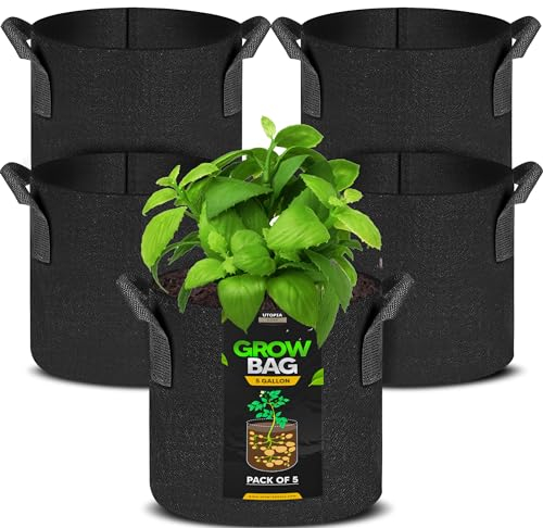Utopia Home Paquete de 5 bolsas de cultivo de tela no tejida de 5 galones adecuadas para verduras, flores, hongos, macetas de tela de aireación gruesa resistente con asas (negro)