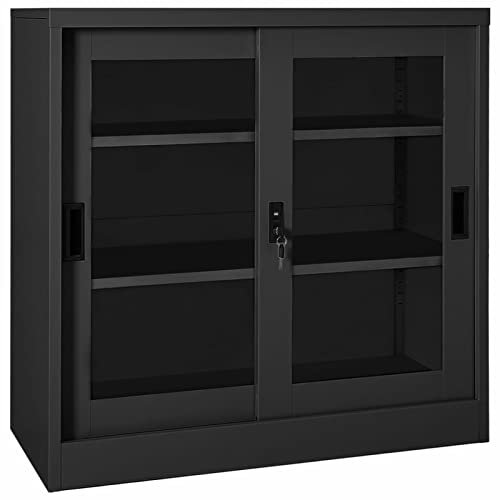 Festnight Armoire de Bureau Porte coulissante,Armoire a coulissante métallique,Armoire de Bureau verrouillable,Armoire à Rideaux,Armoire de Bureau Metallique 90x40x90 cm-2-Anthracite