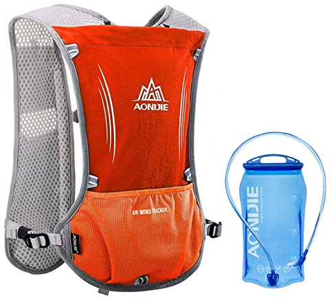 5L Ultraleicht Trinkrucksack mit Trinkblase 1.5L oder 500ML Flasche Laufrucksack für Damen Herren, Leichter Laufen Rucksack für Laufen, Marathon, Radfahren (Orange + 1.5L Blase)