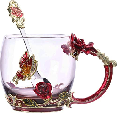 Biigming Taza de Café de Cristal Esmalte de Flores y Mariposa con cuchara, taza de café, para mujeres, esposa, novias, día de la madre, boda, regalos de cumpleaños (Rosa-330ml)