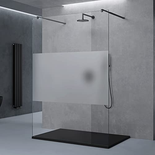 doporro Duschwand für Dusche Duschabtrennung 110x200 Walk-In schwarz mit Doppel-Stabilisator aus Echtglas 10mm ESG-Sicherheitsglas Milchglas-Streifen inkl. Nanobeschichtung