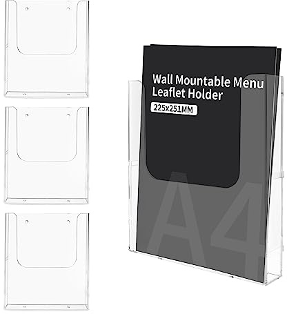 YKUKIZEE 4PCS Clear A4 Wall Mounted Document Holder Acrylic, A4 Leaflet Holder Wall Mounted, 22.5x4.1x25.1cm Wall Mounted Brochure Holder for Office Restaurants Receptions Library