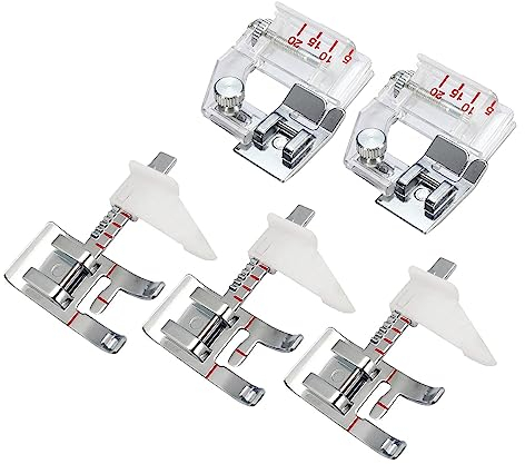 Guador Pied de Biche avec Guide Réglable Pied de Biche Biais Réglable de 5 à 20mm Pied Presseur Surjeteuse Générique Pied de Biche Machine à Coudre kit Pieds-de-Biche Multifonctionnel 5pcs (Échelle)