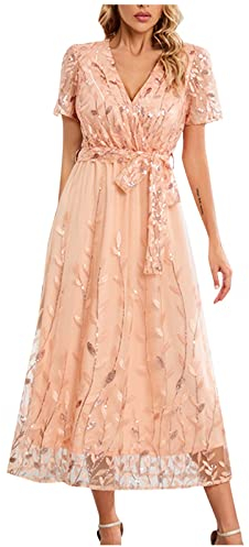 Azruma Sommerkleid Damen Lang Longpullover FüR Damen Kleider Sommerdamen Sommer Chiffon Drucken Patchwork Midikleid Mit GüRtel V-Ausschnitt Kurzarm Swing TüLl Kleider RüCkenfreies Kleid