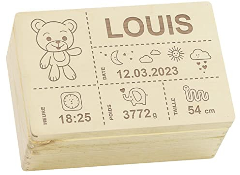 LAUBLUST Boîte à souvenirs bébé personnalisée - Cadeau de naissance avec prénom | Ours en peluche, tailles S, M, L, XL - Boîte à souvenirs pour filles & garçons | Boîte en bois naturel ou blanc, FSC®