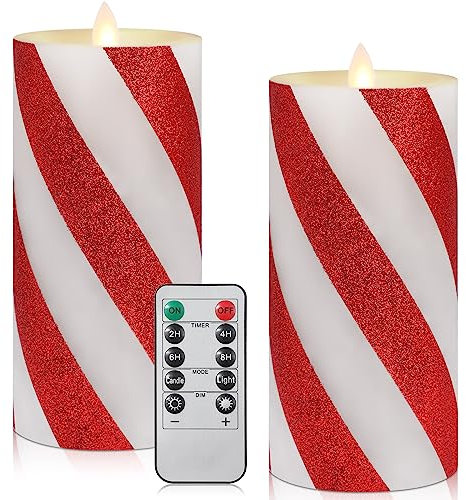Retisee Flammenlose Weihnachtskerzen, gestreift, flackernde LED-Kerzen, echtes Wachs mit Fernbedienung, Timer, batteriebetrieben, breite Glitzerstreifen, Säulen für Party-Dekoration, 7,6 x 15,2 cm