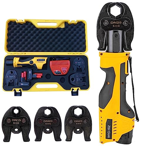 GBHJJ Hydraulik Presszange Crimpwerkzeug, 12V batteriebetätigte Battery Crimping Tool, Elektrische Hydraulische Crimpzange Crimpzange aus Edelstahl mit 3 Backen DN15 DN20 DN25 und 2 Akkus,series2