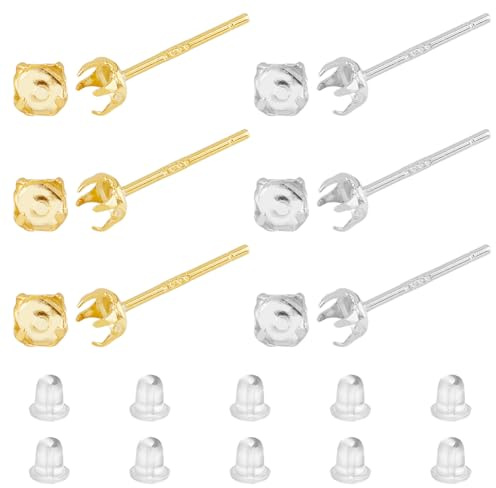 DICOSMETIC 6 Paar 925 Zinkenohrringfassungen Aus Sterlingsilber Ohrsteckerkrallen Goldener Silberohrstecker Blanko Krallenohrringfassungen Für Die DIY Ohrring Schmuckherstellung
