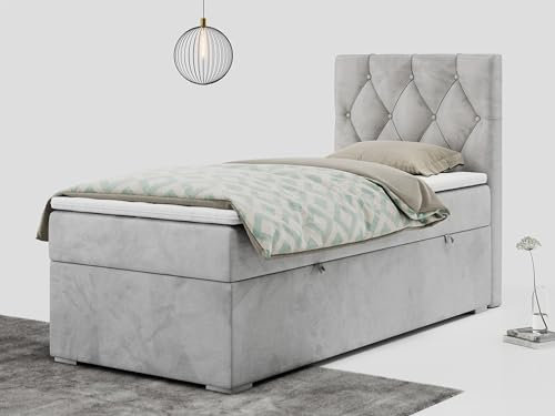 MKS MEBLE Boxspringbett 90x200 Mit Matratze, Bettkasten, Topper Und Stauraum - Einzelbett Alda 90 Cm - Hellgrau Velvet - H3 - Rechte Seite