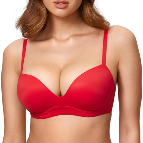 DOBREVA Women's Push Up Bra Plunge Wireless Comfortable T Shirt Padded Bras Deep Red 32DD