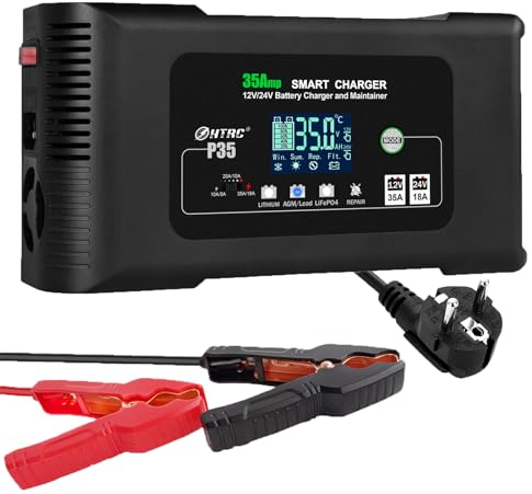 SolaMr 35A Car Battery Charger, 12V and 24V Intelligent Fully Automatic Battery Maintainer with Pulse Reconditioning for Trucks, Motorcycles, Marine Lithium and Lead Acid Batteries - P35
