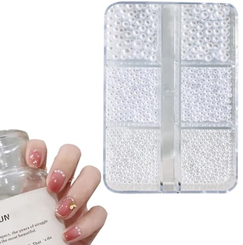 ZOKJSW Design für Frauen-Nail Art Strasssteine,Weiße Perlen und Caviar Beads-Klein Edelstahl-Perlen Acryl Nagel Dekorationen-1Schachtel Raster Halbrunde Perlenkugeln Nail Charms