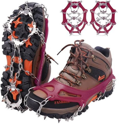 WIN.MAX Steigeisen Grödel Eisspikes, Schuhkrallen mit19 Edelstahl Zähne Spikes Schuhkrallen Grödeln Eisspikes für Klettern Bergsteigen Trekking High Altitude Winter Outdoor (Rot, L)