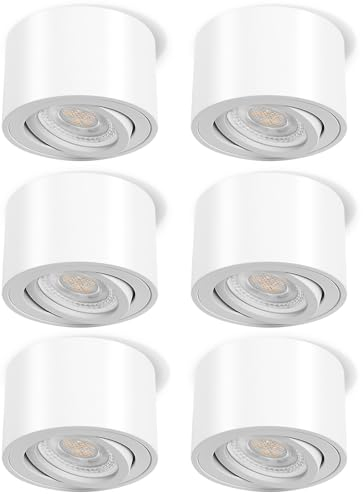 GeyouLux 6x LED Aufbauspot Weiß - Extra Flach & 38° Schwenkbar - Ø80x50mm Deckenleuchte - Aufputz Spots Inkl. 5W 3000K Modul 230V - Deckenspots, Aufbauleuchte Aufbaustrahler