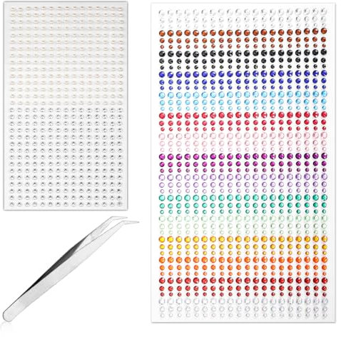 1350pcs Rhinestone Stickers, 0.12/0.16/0.20 Inch Colored Self Adhesive Face Diamond Jewels Stickers Acrylic Face Stickers Face Gem Stickers with Tweezers for Makeup Face Eye Nail Hair Decoration