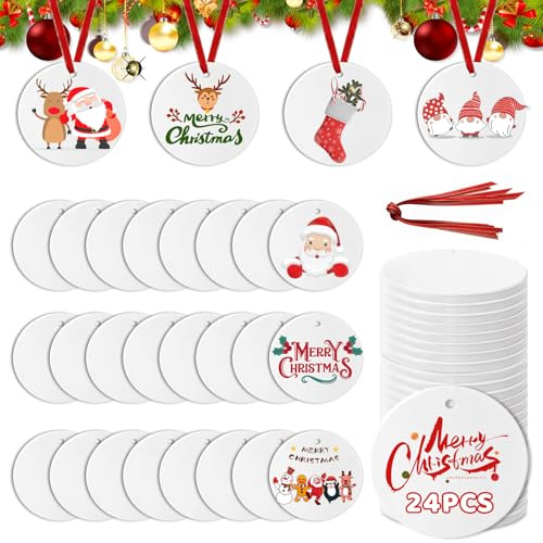 24PCS Sublimation Blanks, Christmas Decorations Sublimation Ornament Blanks, Ceramic Sublimation Blank Ornaments for Christmas Tree, 7.5cm White Christmas Tree Ornaments Decor for DIY Crafts