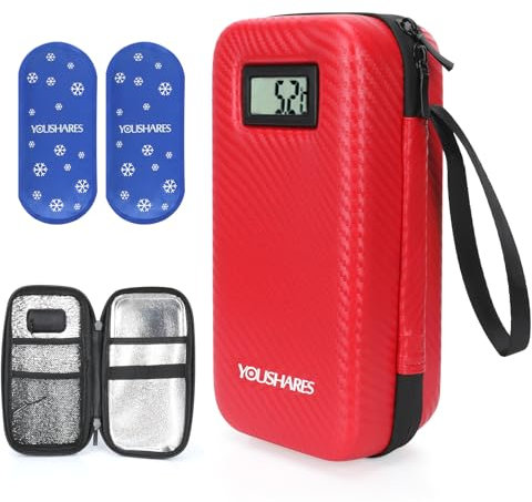 YOUSHARES Nevera Medicamentos Portatil con Indicador de Temperatura, Nevera Insulina Viaje, Nevera Portatil Insulina con 2 Bolsas de Hielo Grandes para Viajes y Uso Diario(Rojo)