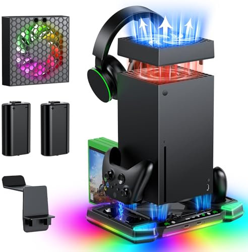 Sistema de ventilador de refrigeración automático mejorado y soporte de carga para consola Xbox Series X y controladores, accesorios con 11 luces RGB y batería recargable de 2 x 1400 mAh, soporte para