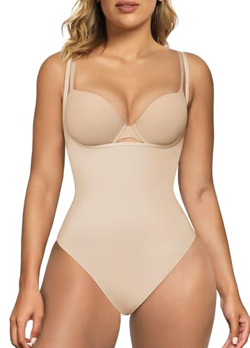 SHAPERX Tummy Control Shapewear for Women Seamless Compression Bodysuits Open Bust Thong Body Shaper, SZ5315-Beige-L/XL