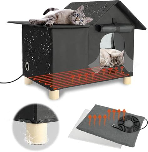 HUMLANJ Erhöhtes großes beheiztes Katzenhaus für Outdoor-Katzen im Winter, wetterfester Wildkatzen-Unterschlupf mit 2 Pads, zusammenklappbare isolierte Katzenhütte draußen streunende Katzenhütte für
