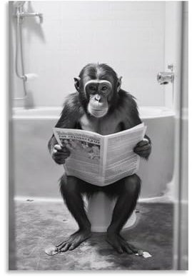 Poster sur toile vintage avec singe assis sur les toilettes en train de lire un journal - 30 x 45 cm