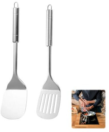 Metal Spatula,2 PCS Stainless Steel Spatulas Set,Spatula Metal,Sturdy Slotted Spatula,Kitchen Spatulas for Cooking,Silver Slotted Turner for Fish,Eggs,Pancakes,Dishwasher Safe,Easy to Clean