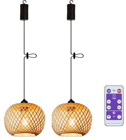 2x Boho Bambus Hängelampe mit Batterie Dekorative Lampe Akku Hängeleuchte Deckenlampe ohne Strom Stromanschluss Rattan Ball Lampenschirm Nachtlicht Laternen Lampions für Garten Balkon Pavillon Küche