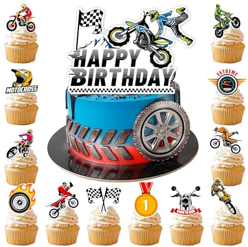 Kuchendekoration mit Motorradmotiv, 24 Pcs Motorrad Cupcake Topper Motorrad Cupcake Dekorationen & 1 Pcs Motorrad Kuchen Topper Tortendeko Motorrad für Motorrad Deko Geburtstag