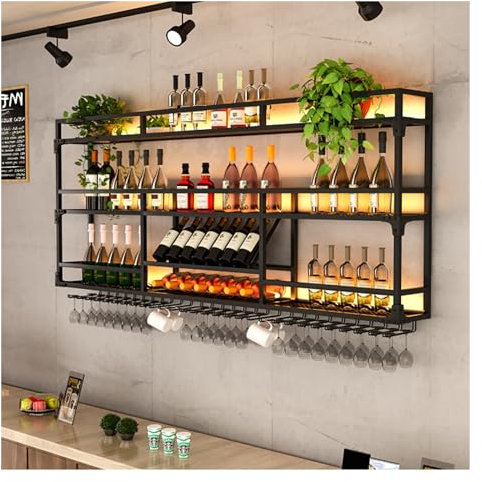 Wandmontiertes Weinregal Mit LED-Licht, Metallflaschenhalter Multi Funktionaler Weinpareite Display Rack, Flaschenhalter Hausbar (Black 120x25x90cm)