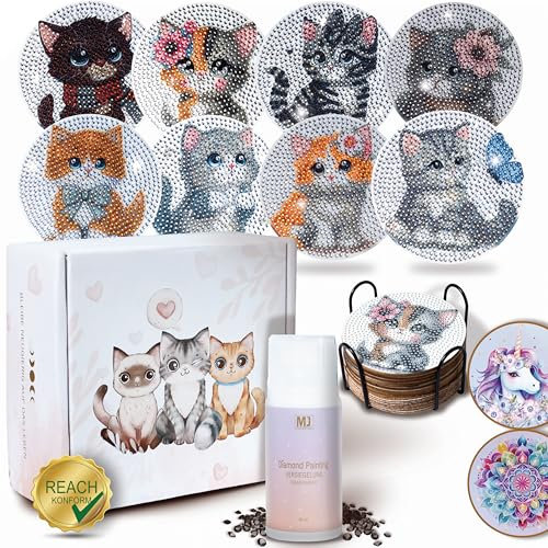 MJ Company® Diamond Painting Untersetzer 8 STK mit Versiegler – Katzen Untersetzer – DIY Bastelset für Erwachsene