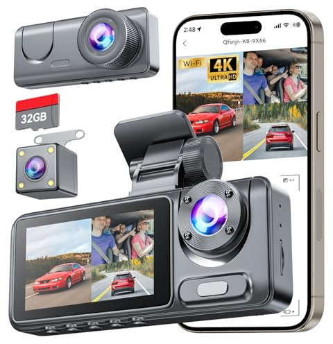 4K Dashcam Voiture Avant Arrière, Camera Voiture avec Carte SD 32G, Grand Angle 170° Dashcam avec G-Capteur, Vision Nocturne, Mode Stationnement 24H, Enregistrement en Boucle