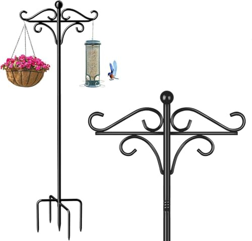 Bird Feeder Pole Stand,76in Adjustable Double Shepherd's Hook,193cm Wild Bird Feeder Poles and Hangers, Free Standing Feeding Station for Garden(76in G, 1)