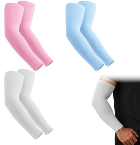EUYKQNOI 3 Paia Manicotti Braccio Protezione Solare UPF 50+, Maniche Rinfrescanti in Cotone per Ciclismo, Pallavolo, Basket - Bianco, Rosa, Blu