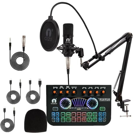 CEZO Paquete de equipo de podcast, paquete de micrófono de podcast BM800 con tarjeta de sonido X3, cambiador de voz, micrófono de condensador, paquete de estudio de grabación para podcast, transmisión
