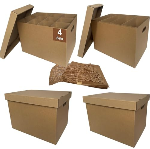 CH-BOX Kitchen Moving Boxes with Wine Dish Glass Packaging Divider Kits and Cushion Wraps, 4 Pack 43x31x31cm (17x12x12''), Reinforced Handles, Tape-Free (CK171212)