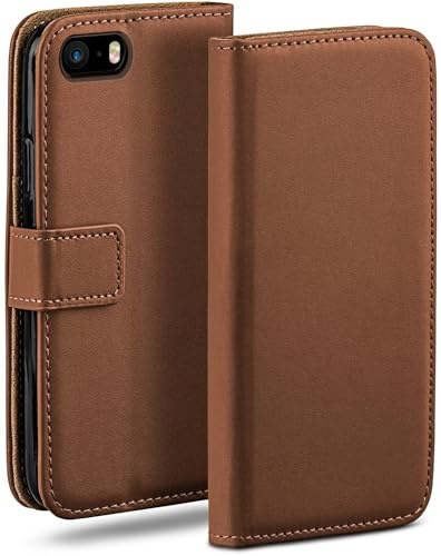 moex für iPhone 5s / 5 / SE (2016) Hülle mit Kartenfach, Handyhülle klappbar 360 Grad Schutzhülle, PU Leder Handytasche iPhone 5s / 5 / SE (2016) Klapphülle Flip Case, Sattelbraun