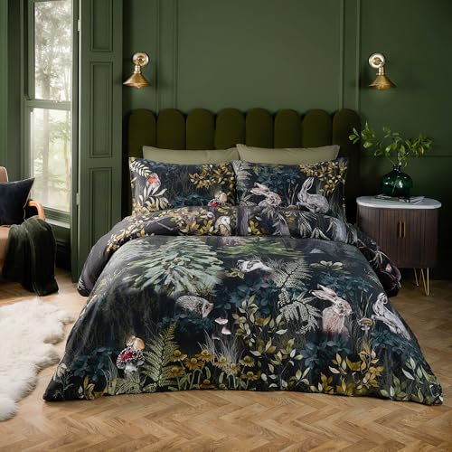 Paoletti Sherwood Forest Duvet Cover Set – Luxury Cotton Sateen Woodland Wildlife Piped Bedding Set (Forest Green/Black - King)