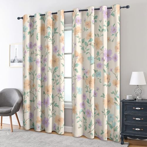 Generisch Blickdichte Vorhänge Pastell Blumen Muster, H 220 x B 140 2er Set - Vintage Blume Fenster Gardinen mit Ösen, 220 cm Lang Curtains Wohnzimmer Schlafzimmer Deko JU134