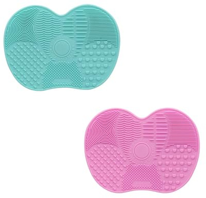 2 Pcs Makeup Brush Cleaning Mat | Homiladi Makeup Brush Cleaning Pad With Suction Cups | Cosmetic Brush Cleaner Pads | Silicone Cleaning Mats Multi Textured Patterns for Home Use (Green & Pink)​